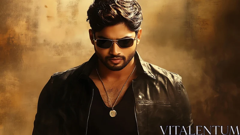 Stylish man in leather jacket under cinematic warm light.