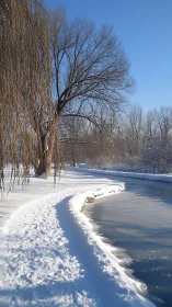 Snow-covered riverside path curves beside a partially frozen canal