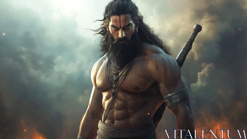 Mythic warrior rendered in dramatic high-contrast digital realism