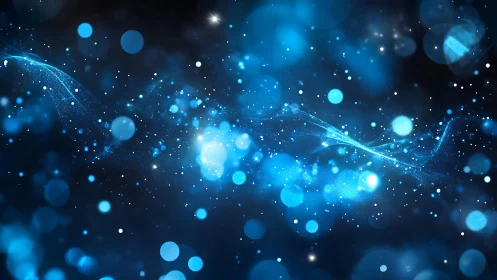 Abstract blue bokeh lights and wave pattern on dark background.