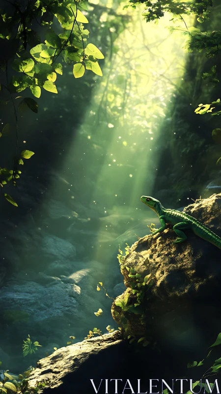 High-contrast forest lizard study with volumetric god rays and bokeh