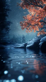 Moonlit ember tree dreaming over a silver forest stream.