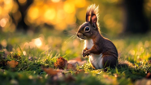 Red squirrel in backlit grass with autumn foliage bokeh.