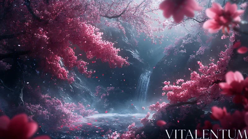 Moonlit cherryfall grove embracing a whispering waterfall.