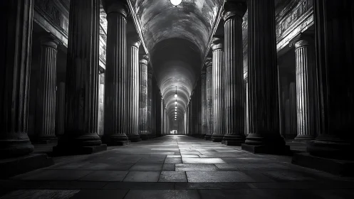 Stone colonnade swallowed by cinematic monochrome light.