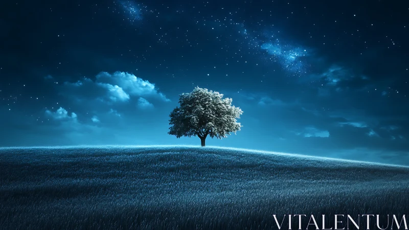 Gentle lone tree rests under a dreamy, starlit night sky