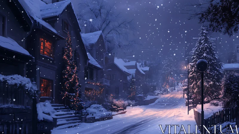 Snowy neighborhood glows with cozy winter window lights