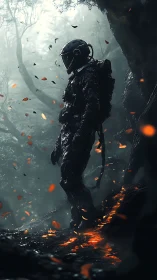 Armored explorer stands over molten forest fissure in fog