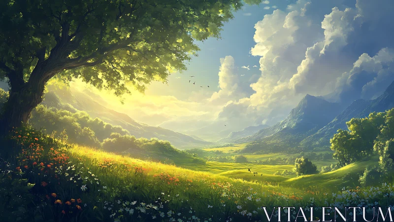 Sunlit valley landscape rendered in luminous digital painting