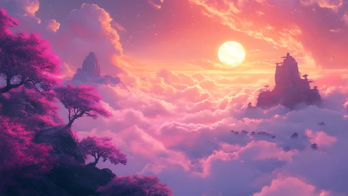 Dreamy pink mountains rise above glowing clouds at sunset