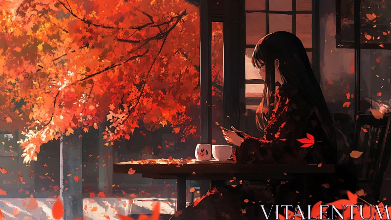 Solitary girl drinks tea beside glowing autumn window