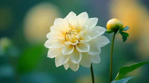 White Dahlia Bloom with Buds in Garden Setting
