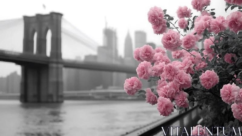 Pink Roses Frame Brooklyn Bridge in Monochrome