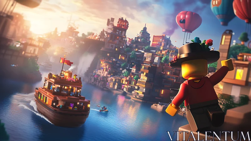 Lego minifigure watches riverboat and city at sunset.