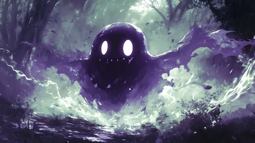 Purple spectral entity emerges within a dense forest environment