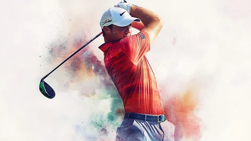 Dynamic golfer completes a powerful swing in vibrant color haze