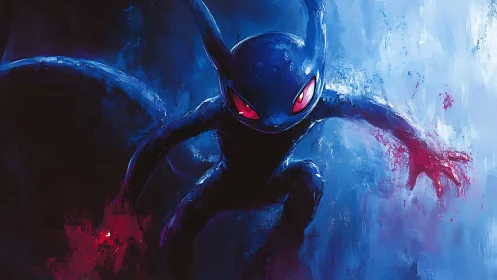 Dark stylized creature rendered in high-contrast blue and red