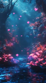 Luminescent heart-petal stream in an enchanted neon forest.
