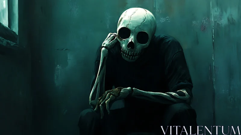 Melancholic skeleton figure rests alone in a dim room.