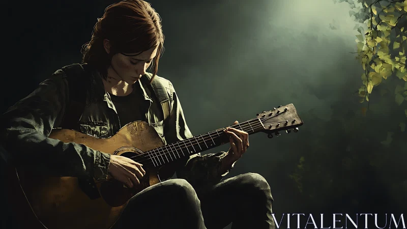 Solitary young guitarist under diffused forest edge spotlight
