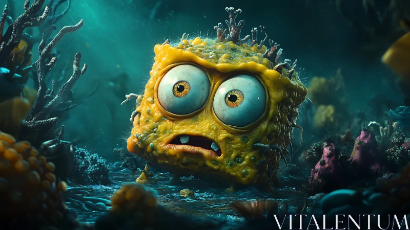 Distressed mutant sponge creature gasps in eerie seafloor gloom