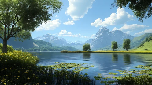 Mountain lake with clear water, trees and distant peaks.