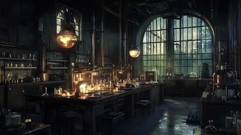 Industrial laboratory glows under moody atmospheric light.