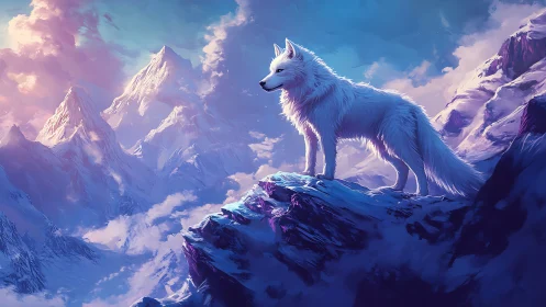 Lone white wolf greets glowing dawn over snowcapped peaks