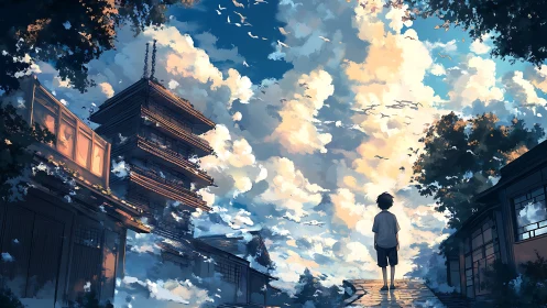 Boy observes towering clouds above tranquil temple street