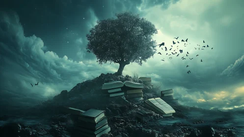 Knowledge tree rises over stormlit sea of forgotten books.