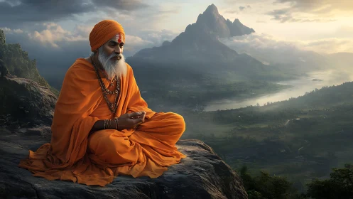 Meditative sage contemplates above misty valley at sunrise.
