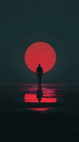 Solitary wanderer crossing a midnight sea of molten red.