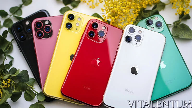Colorful iPhone lineup rests in a bright, blooming garden
