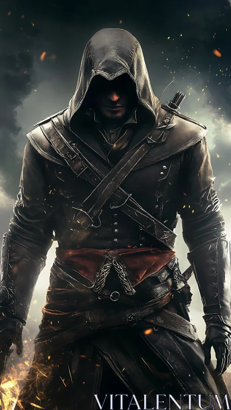 Hooded rogue strides forward wrapped in quiet, fiery resolve.