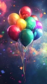 Radiant Iridescent Balloons Against Ethereal Particle Environment