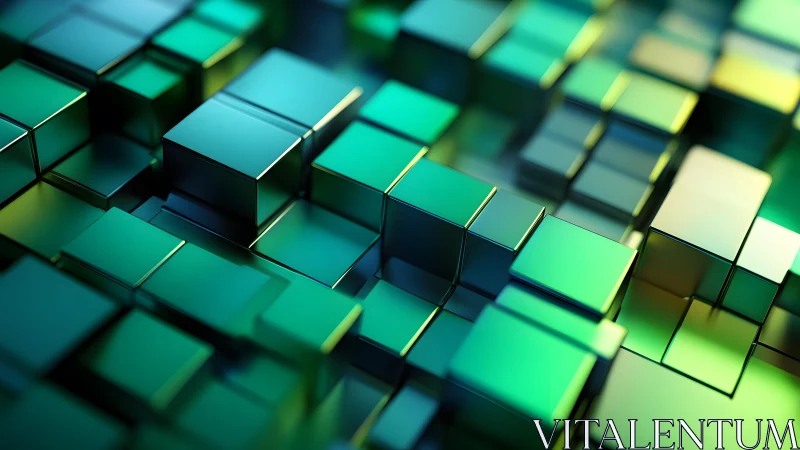 Emerald metallic cubes forming layered geometric gridscape.