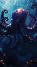 Giant octopus dominates deep blue underwater environment