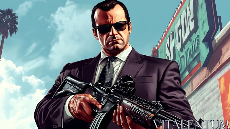 Suit-clad tactical gunman in stylized urban daylight standoff.