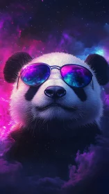 Panda portrait with reflective sunglasses in neon nebula scene.