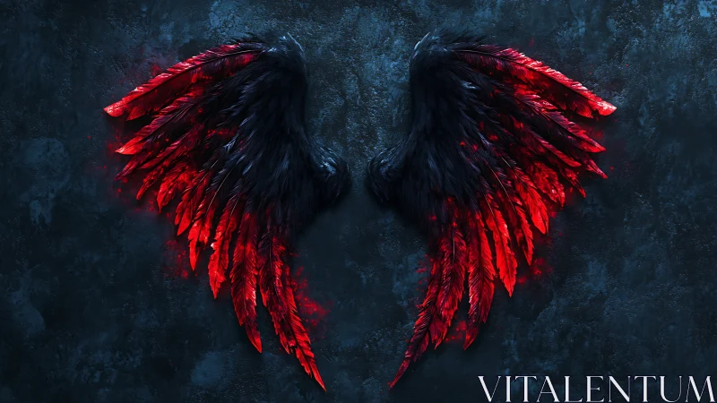 Dark feathered wings with red glowing tips on stone wall.