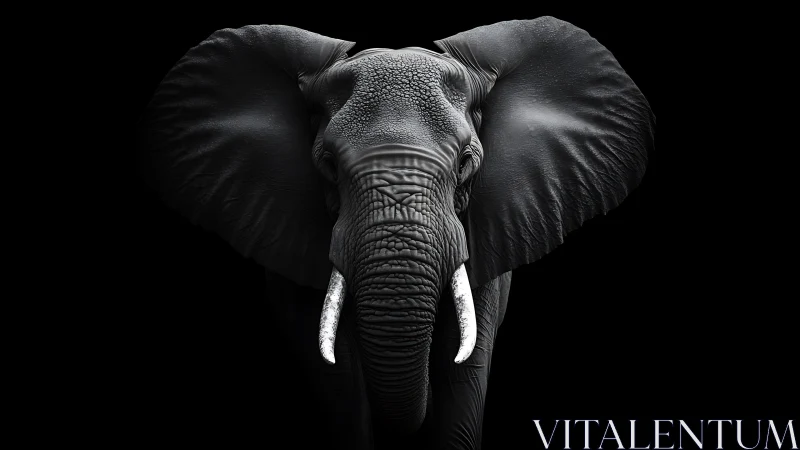 Elephant portrait reveals textured skin and sweeping tusks.