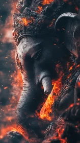 Fiery stone elephant deity statue amid swirling embers.