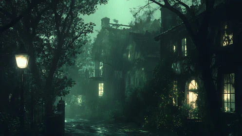 Rainy night street by old houses and glowing windows.