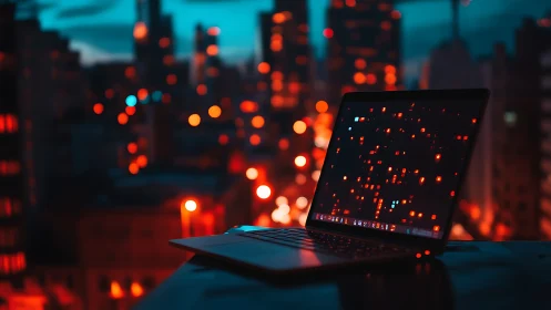 Laptop on high-rise ledge against defocused city lights.