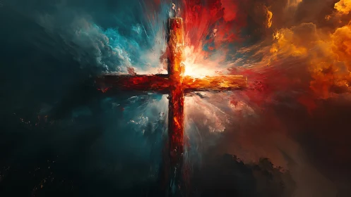 Central cross silhouette divides turbulent abstract color field