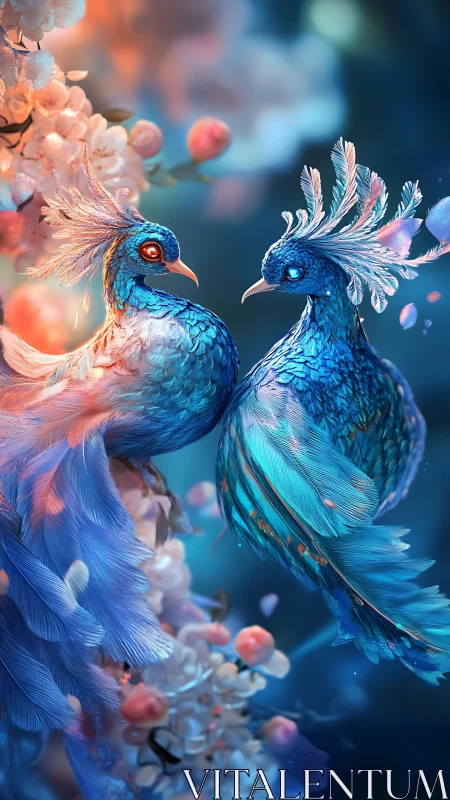 Vibrant blue fantasy birds perch amid glowing blossom boughs