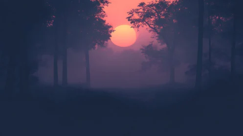Soft dusk sun sinking into a quiet misty forest hush.