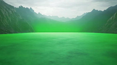 Green-hued lake within steep mountain basin under clouds.