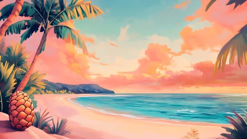 Tropical Paradise Sunset Embraced by Palm Trees.