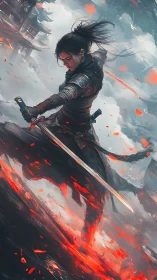 Firelit samurai warrior striking through swirling snowstorm.